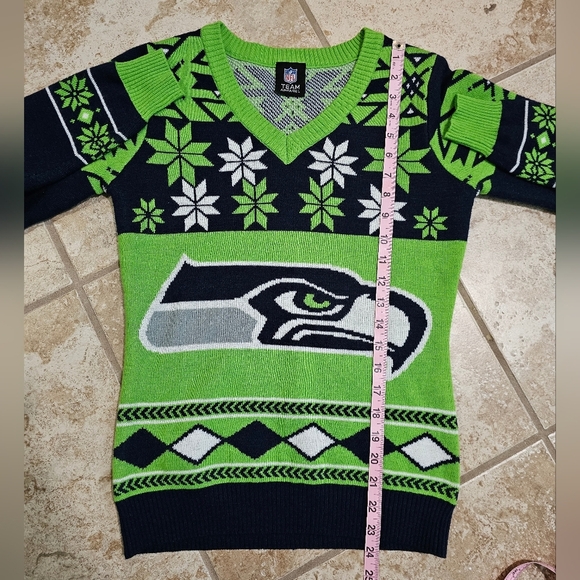 Seattle Seahawks Medium NFL Ugly Christmas Sweater Green Navy Rare Fan Gear - Picture 7 of 7